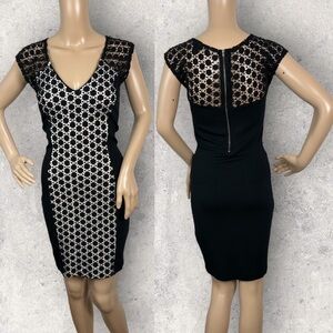 French Connection Midi Dress Size 4 Black White Lace Cap‎ Sleeve Stretch Sheath